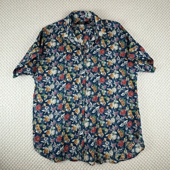Lauren Ralph Lauren Black label Floral Button-Up Shirt Size L 100% linen‎ women - Picture 2 of 9